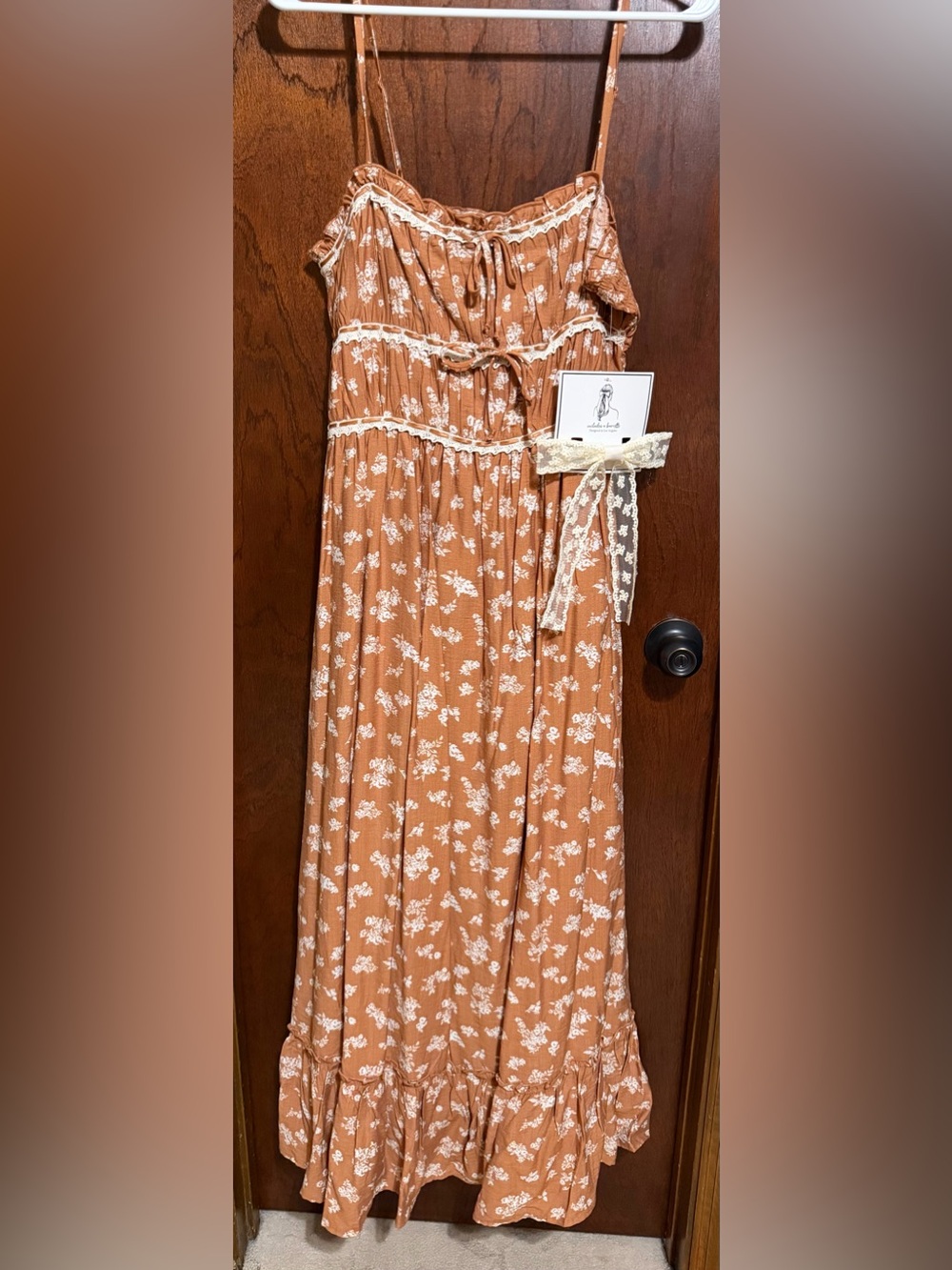 Sincerely Jules Rust Floral Maxi Dress with White Lace Trim